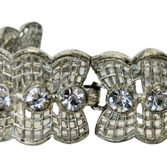 Vintage Shimmer Crystal Silver Tone Lace Webbed Metal Chain Link Bracelet 7.5” - Picture 2 of 7